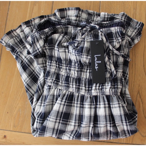 Lulus NWT Plaid Countryside Aura Navy Blue Plaid Short Sleeve Mini Dress Small - Picture 14 of 14